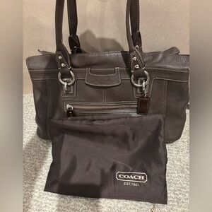 Coach Dark Brown Pebbled Leather Tote with Silver Hardware
